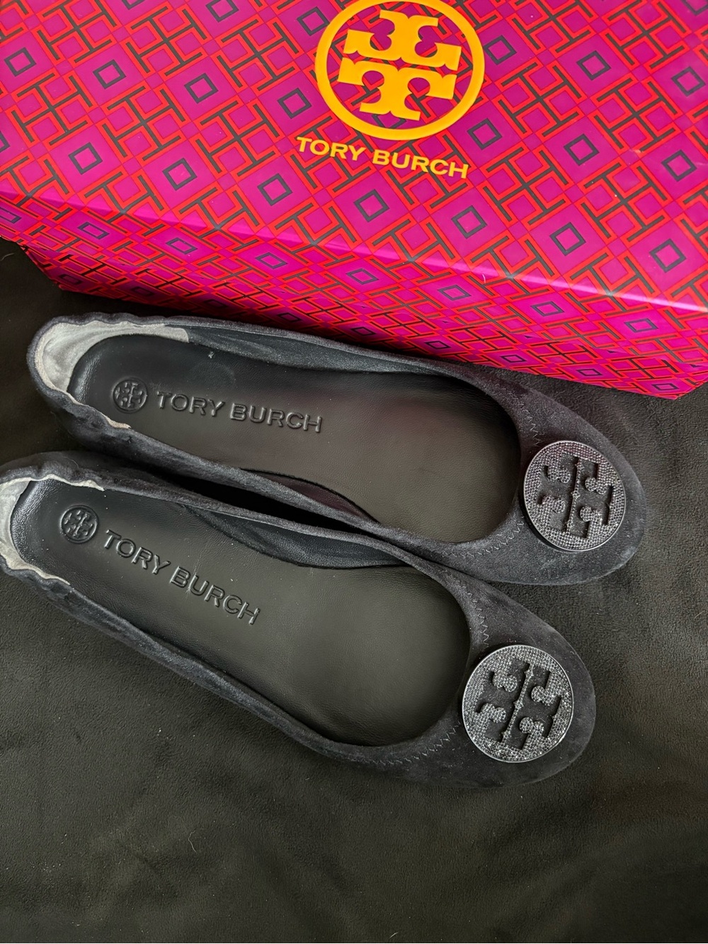 Tory Burch Black Suede Logo Ballet Flats